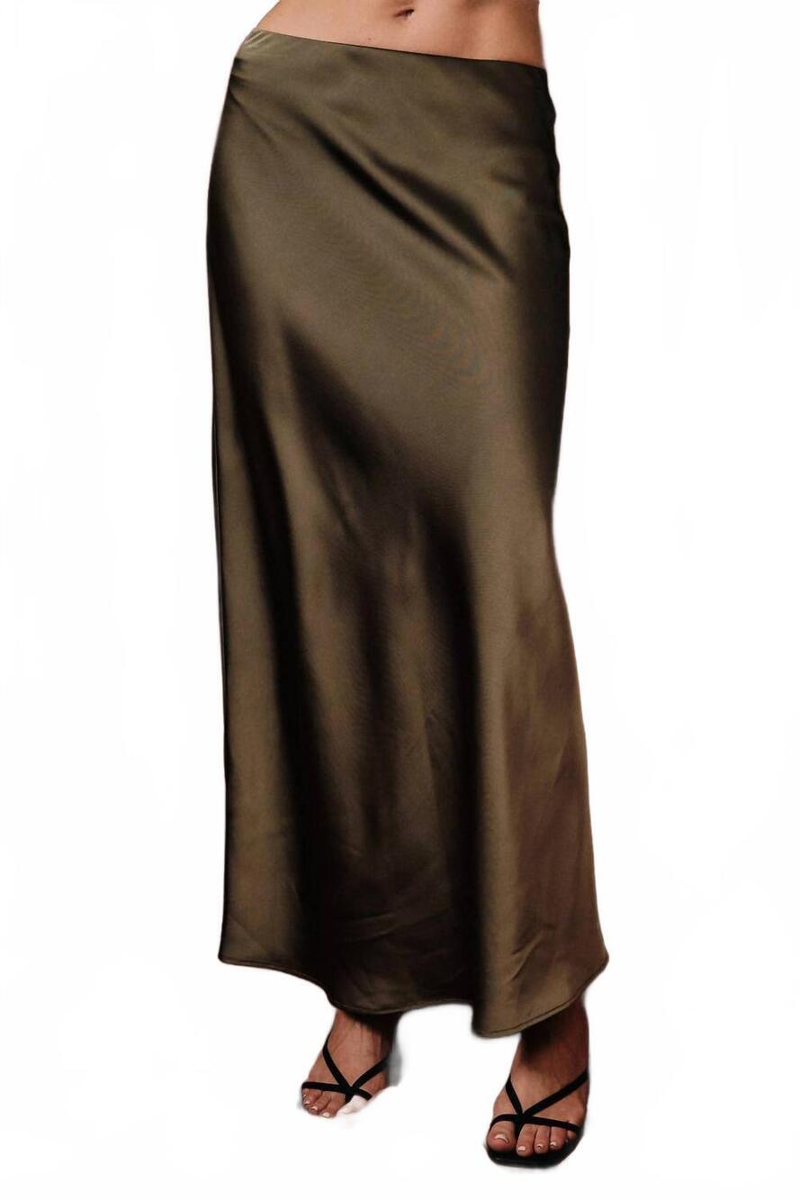 NEW SUNDAY EDITION bias satin midi skirt in olive - Picture 2 of 5